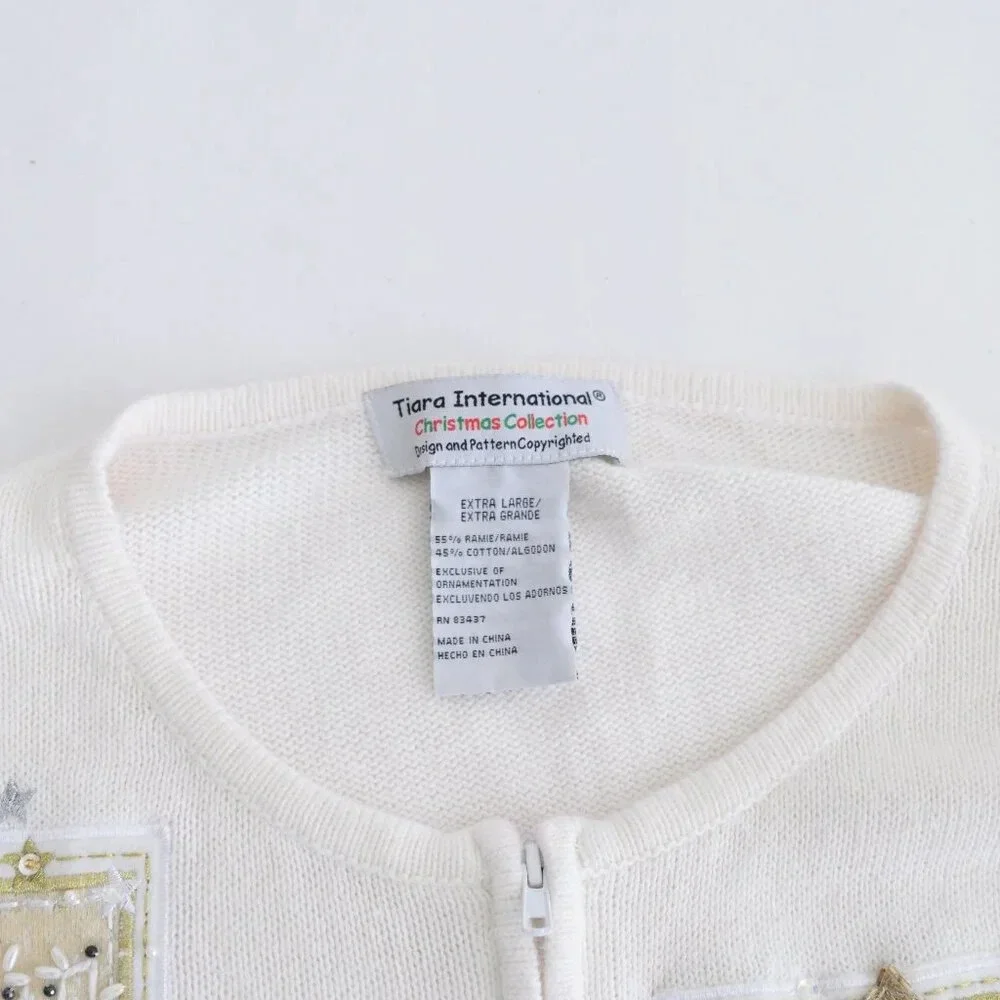 Vintage Tiara Cream Ugly Christmas Beaded Reindeer Zip Up Cardigan Sweater XL - Picture 13 of 16